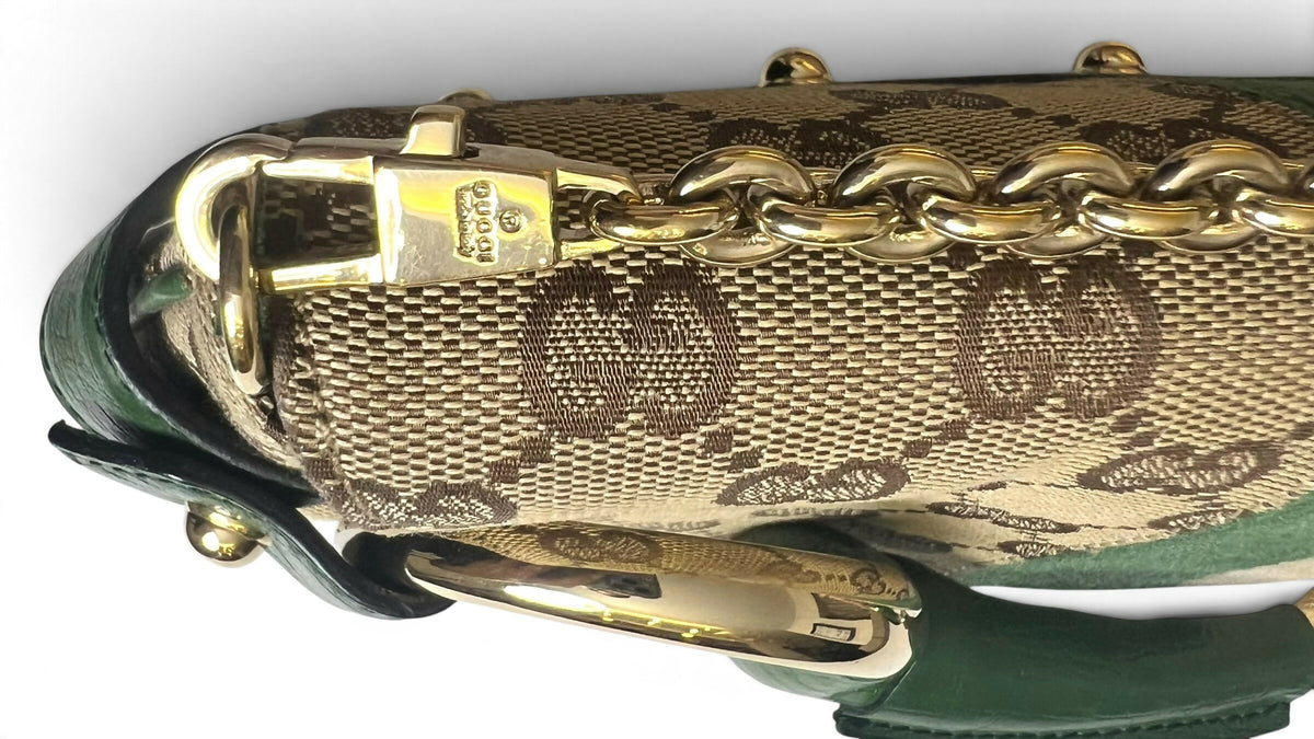 Gucci Large 1955 Tom Ford Classic Green Ivory GG Monogram Horsebit Clutch Handbag Gold hardware