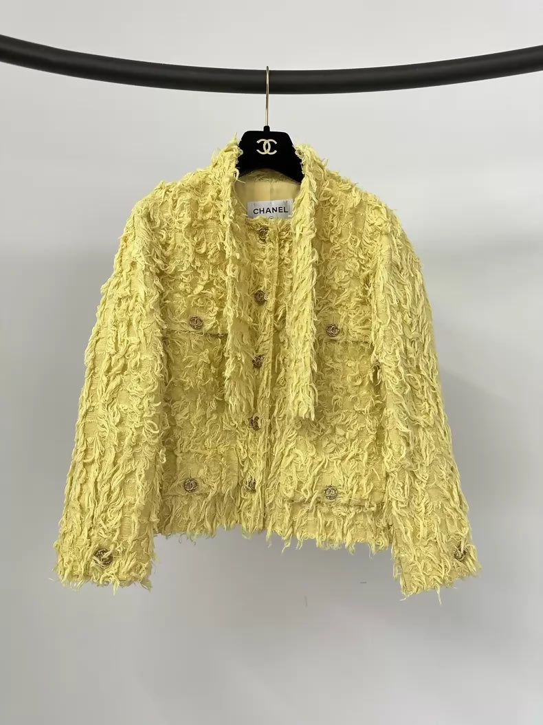 Chanel chick yellow fringed belted jacket