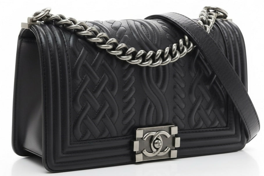Chanel 13A Paris Edinburgh Black Lambskin Old Medium Embossed Celtic Knot Boy Flap Bag