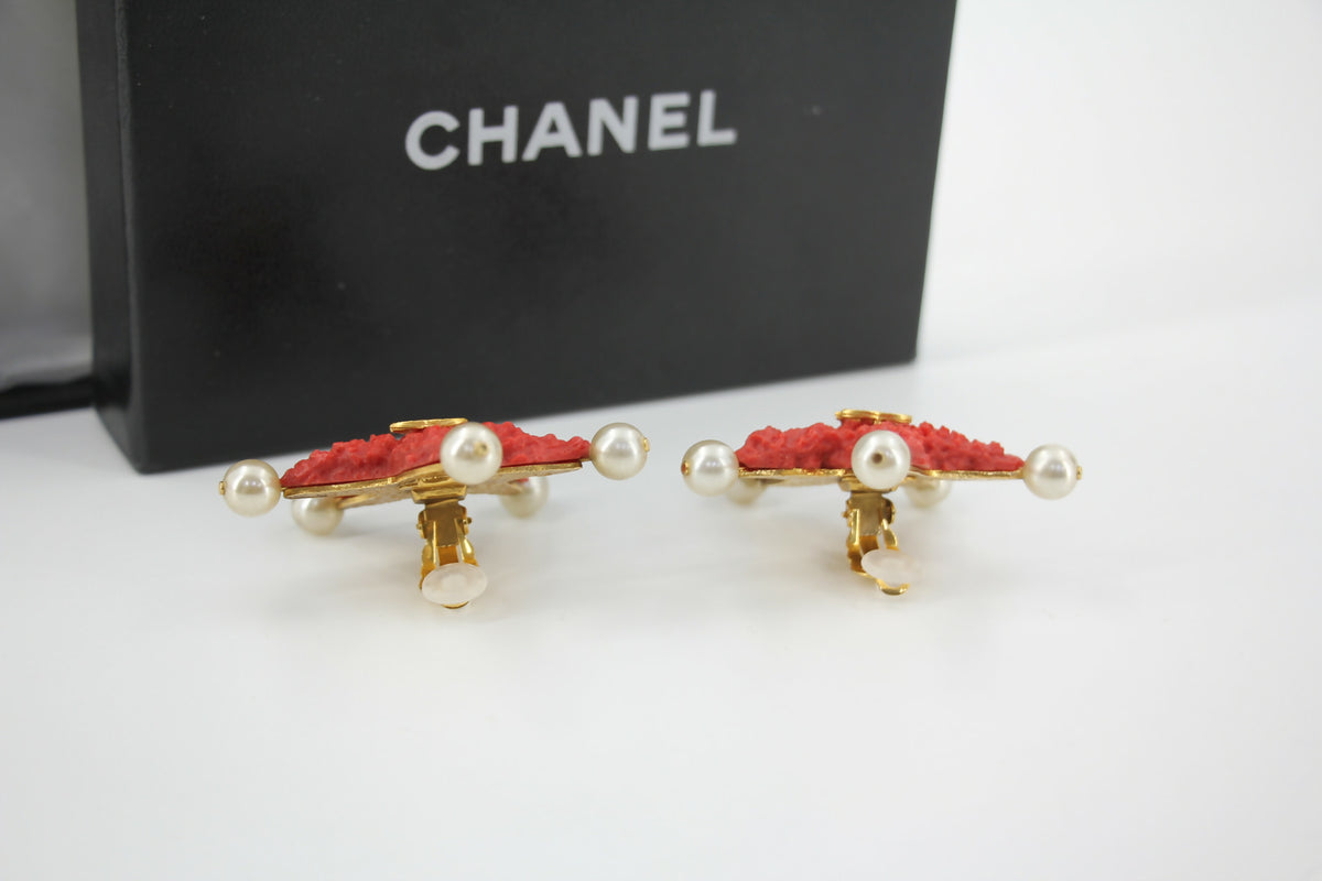 Chanel 93C Red Lava Imitation Pearls Gold Plated CC Starfish Earrings