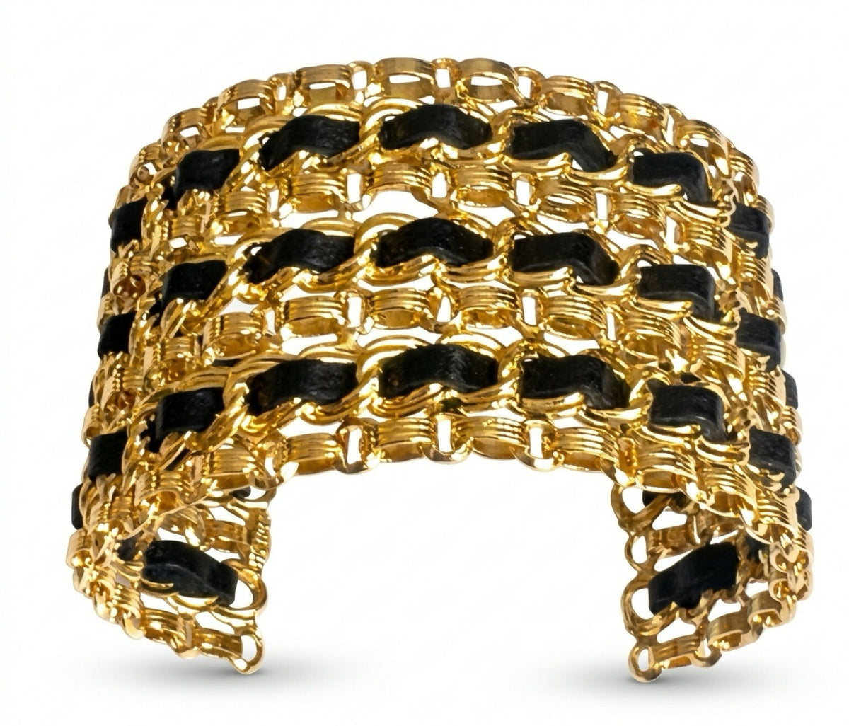 Chanel Wide 24K Gold Plated Black Leather Statement Cuff Bracelet