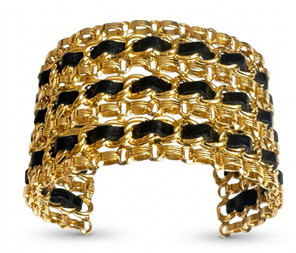 Chanel Wide 24K Gold Plated Black Leather Statement Cuff Bracelet