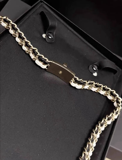 Chanel 22A Black and White Leather Long Necklace Waist Chain