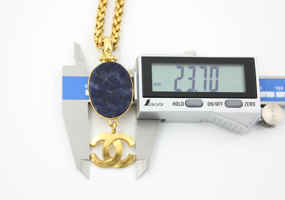 Chanel Vintage 95A Lapis Lazuli Marble Blue Oval Pendant Gold Plated Necklace