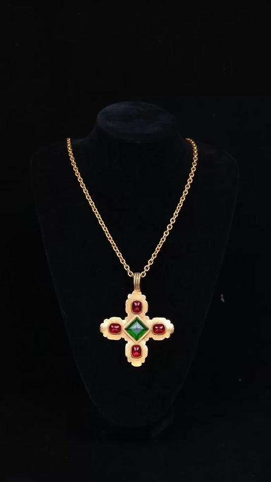 Vintage Chanel 1991 Red and Green Glass Cross Pendant Necklace