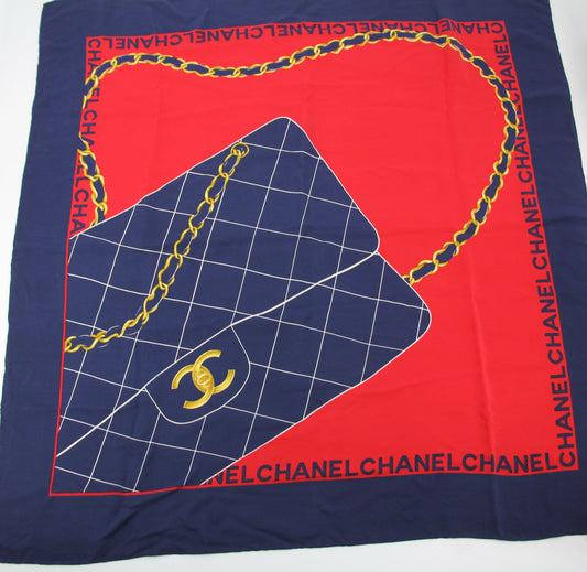 Chanel 100% Silk Navy Red Bag Pattern Scarf