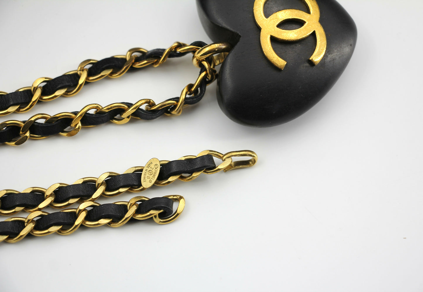 Chanel Vintage 91 Wooden Heart CC & Leather Chain Necklace