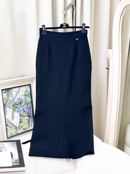 Chanel 17C Black Tweed High-Waisted Long Skirt