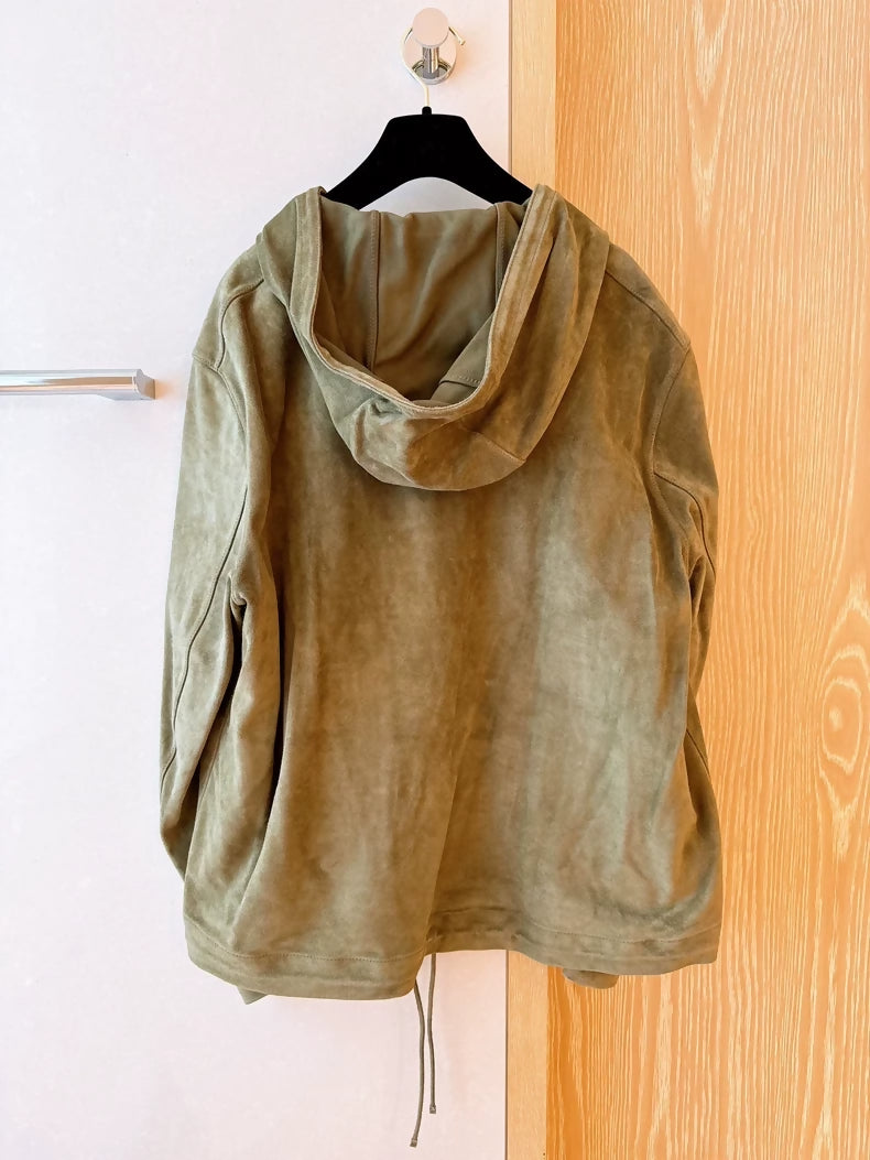 Saint Laurent olive green V-neck drawstring hooded leather jacket