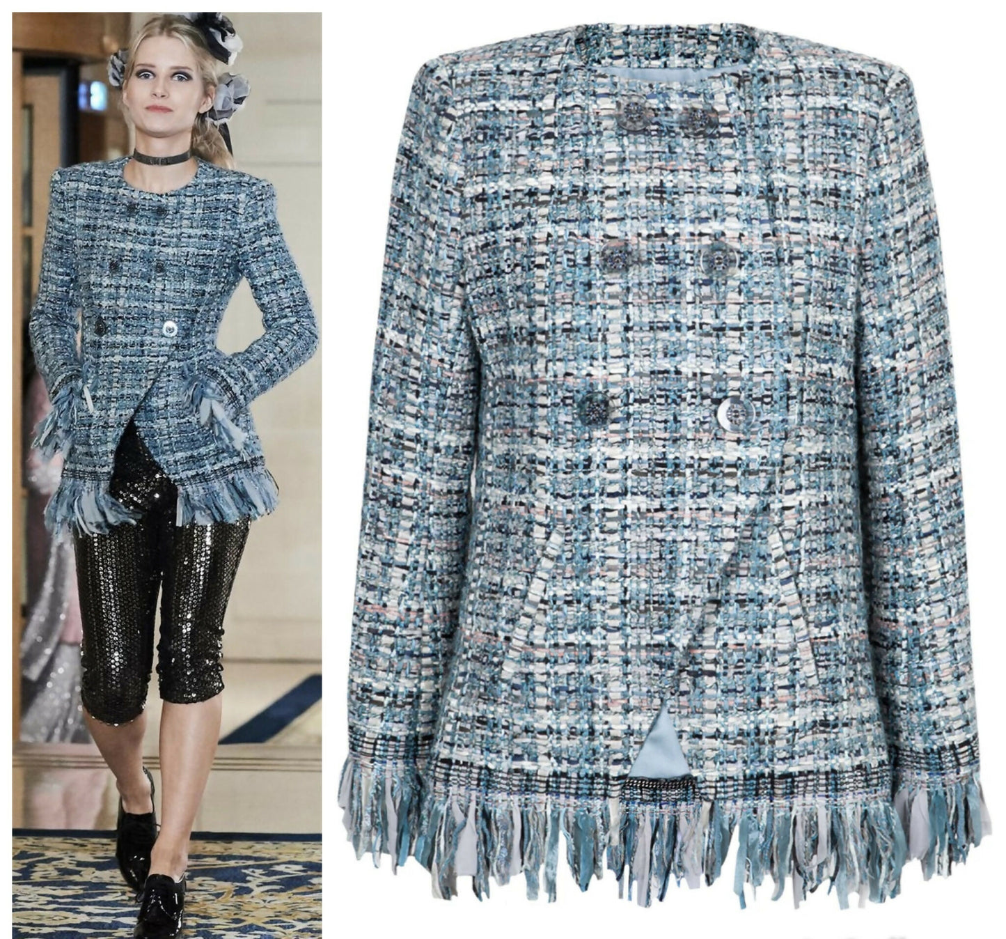 Chanel 17A Paris-Cosmopolite Blue Fantasy Tweed Fringe Jacket FR 44