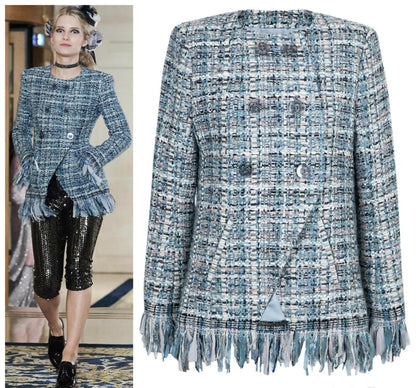 Chanel 17A Paris-Cosmopolite Blue Fantasy Tweed Fringe Jacket FR 44