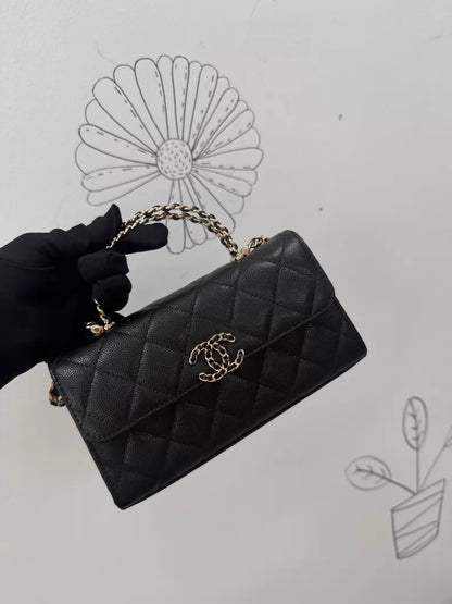 Chanel 25S black leather top handle bag gold hardware