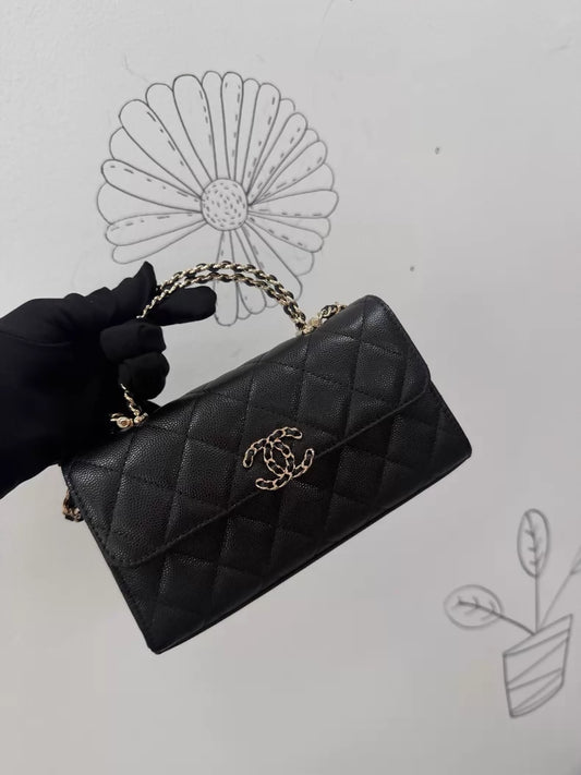 Chanel 25S black leather top handle bag gold hardware