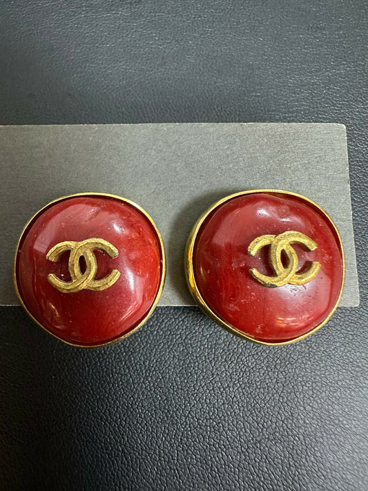 Chanel Vintage 98 Imitation Beeswax Red & Gold-Tone CC Clip-On Earrings
