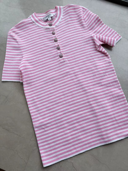 Chanel 24C Pink and White Striped T-Shirt