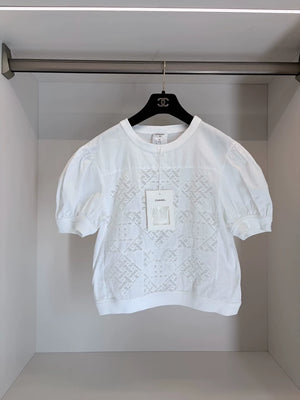 Chanel 25C White Crochet Double C Puff  Sleeve T-Shirt
