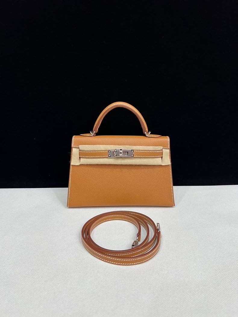 Hermes Mini Kelly 20 gold-brown leather Epsom leather palladium hardware