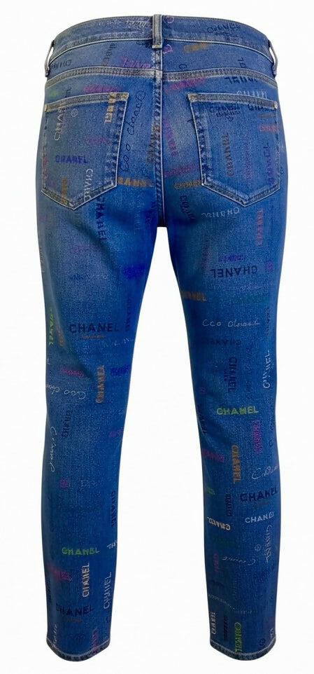 CHANEL 22P Blue & Multicolor Logo Printed Denim Jeans FR 40