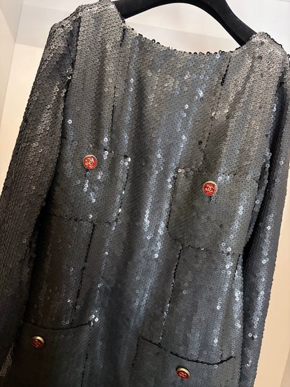 Chanel 23C Black Matte Sequin Evening Gown