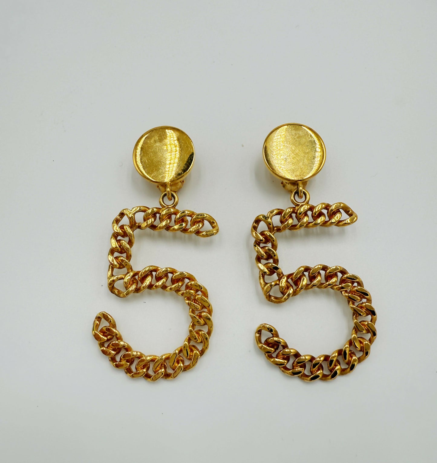 Chanel 1980s Runway Vintage Gold Plated No.5 Dangle Earrings