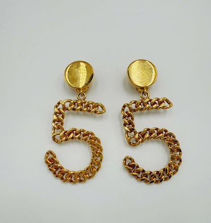 Chanel 1980s Runway Vintage Gold Plated No.5 Dangle Earrings