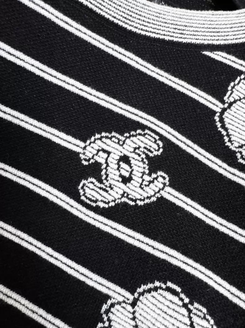Chanel 23k black and white striped camellia double C logo knit sweater