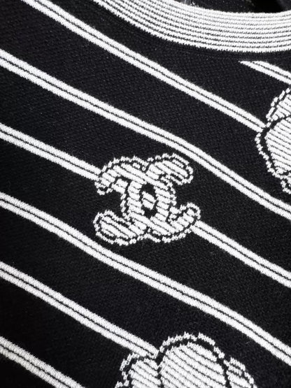Chanel 23k black and white striped camellia double C logo knit sweater