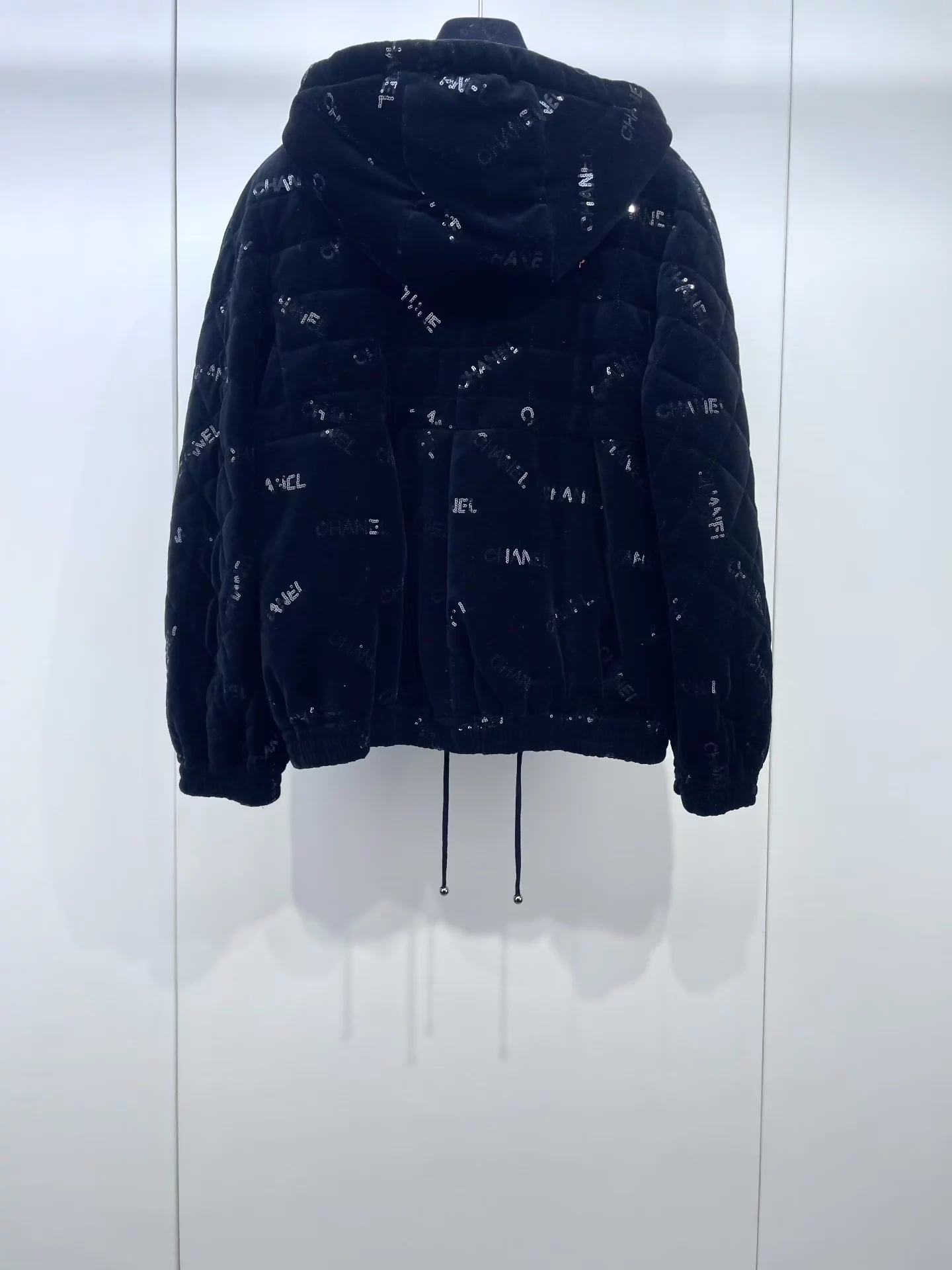 Chanel 22B Black Sequin CC Velvet Down Jacket