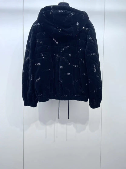 Chanel 22B Black Sequin CC Velvet Down Jacket