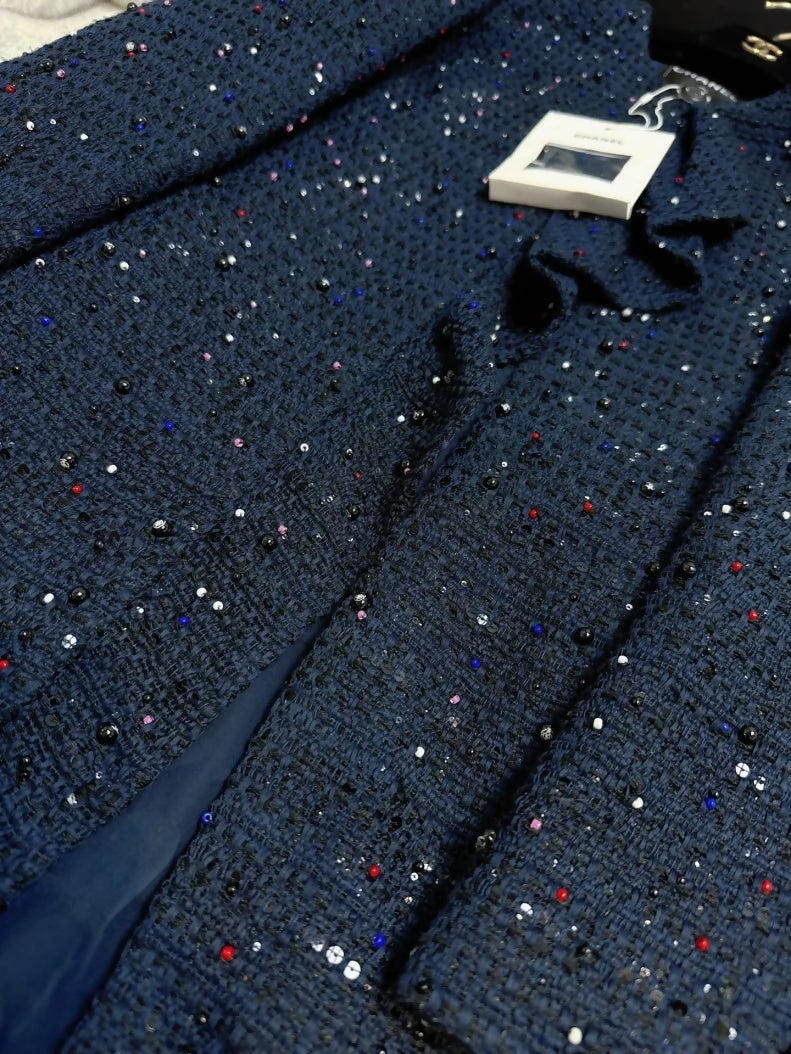 Chanel 20C Embroidered Ruffled Navy Blue Coat