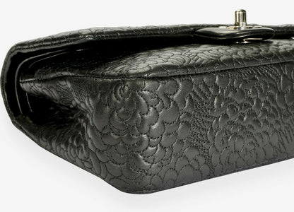 Chanel Medium Double Flap Black Camellia Lambskin Classic Timeless Bag SHW