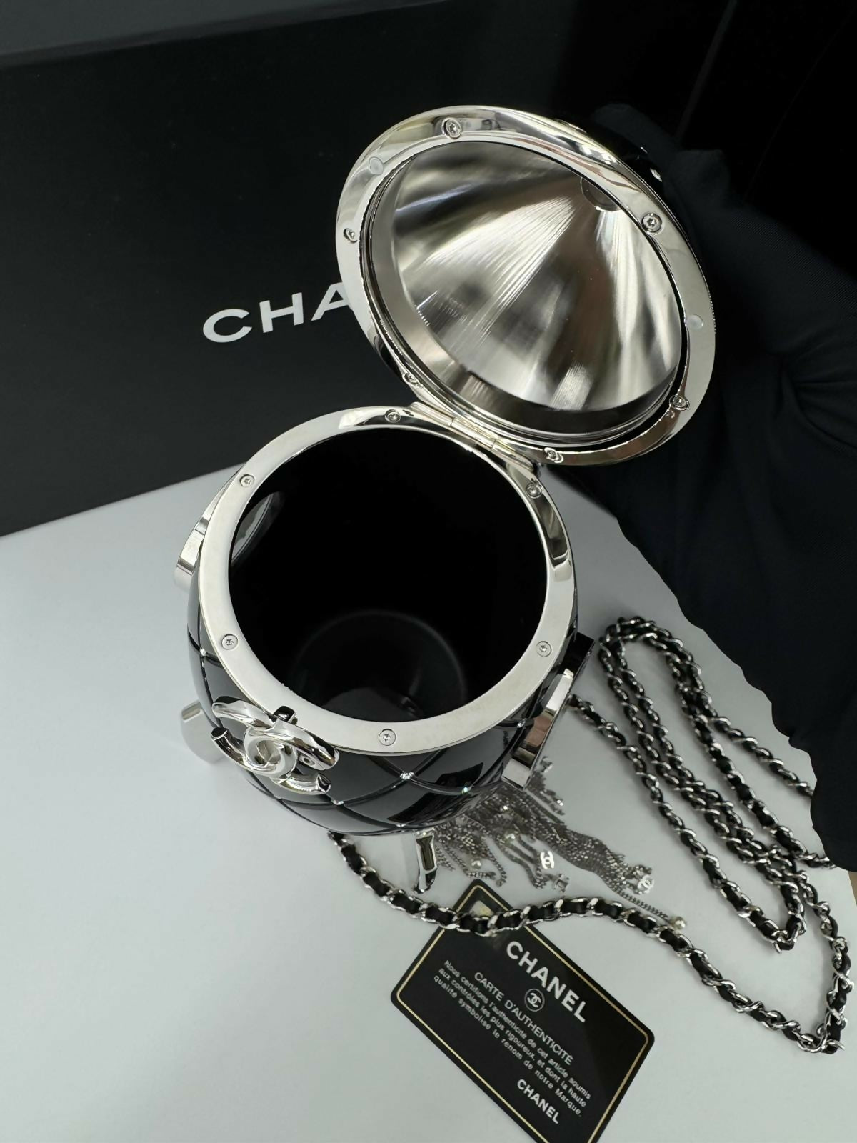 Chanel 2017 Plexiglass and Rhinestone Limited Edition Black Rocket Ship Minaudière Bag