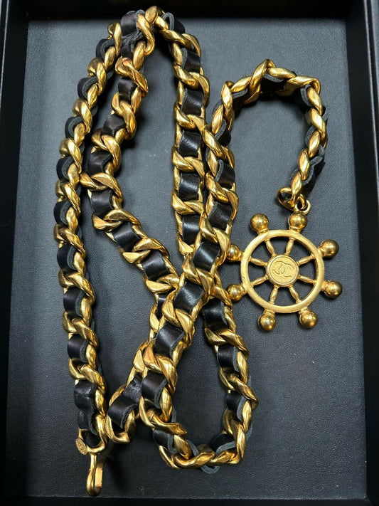 Chanel Vintage 94 Leather & Gold-plated Navy Chain Thick Waist Chain L94