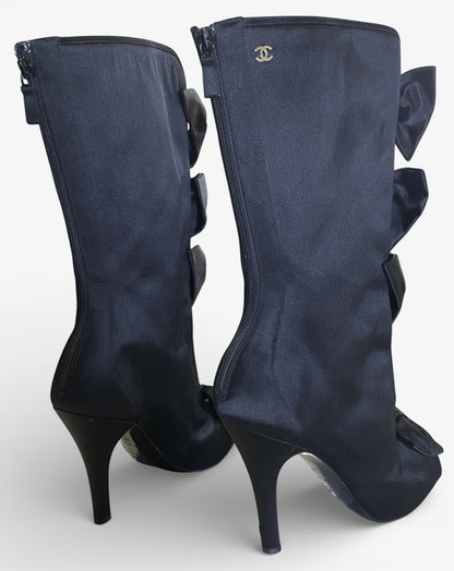 Rare Chanel 09P Black Satin CC Bow Mid Calf Peep Toe Booties Ankle Boot Heels FR 38