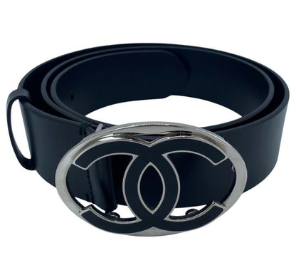 Chanel 2013 Black Silver Oval CC Leather Belt Size 90/36
