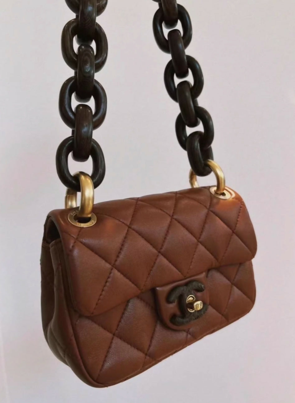 CHANEL 23A BROWN leather WOOD hardware MINI RECTANGULAR FLAP BAG