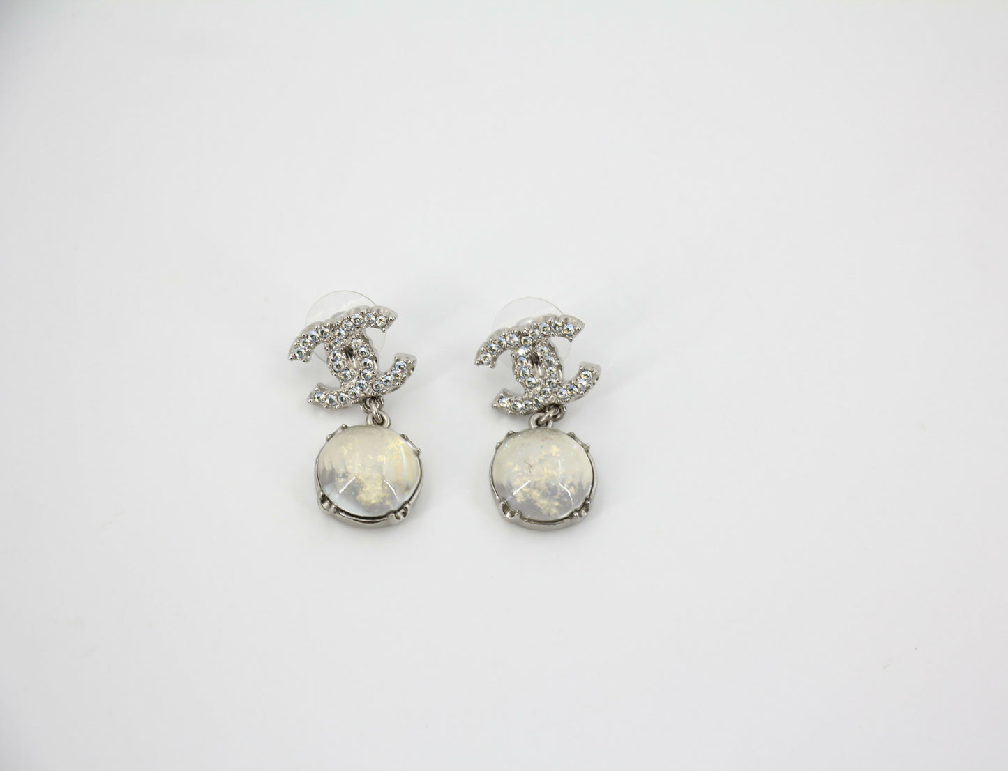 Chanel 17K Rhinestone Semi-transparent Round Pendant CC Stud Earrings