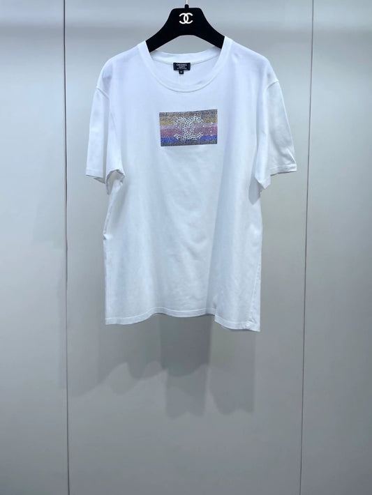 Chanel 24C white T-shirt with colorful double C rhinestones