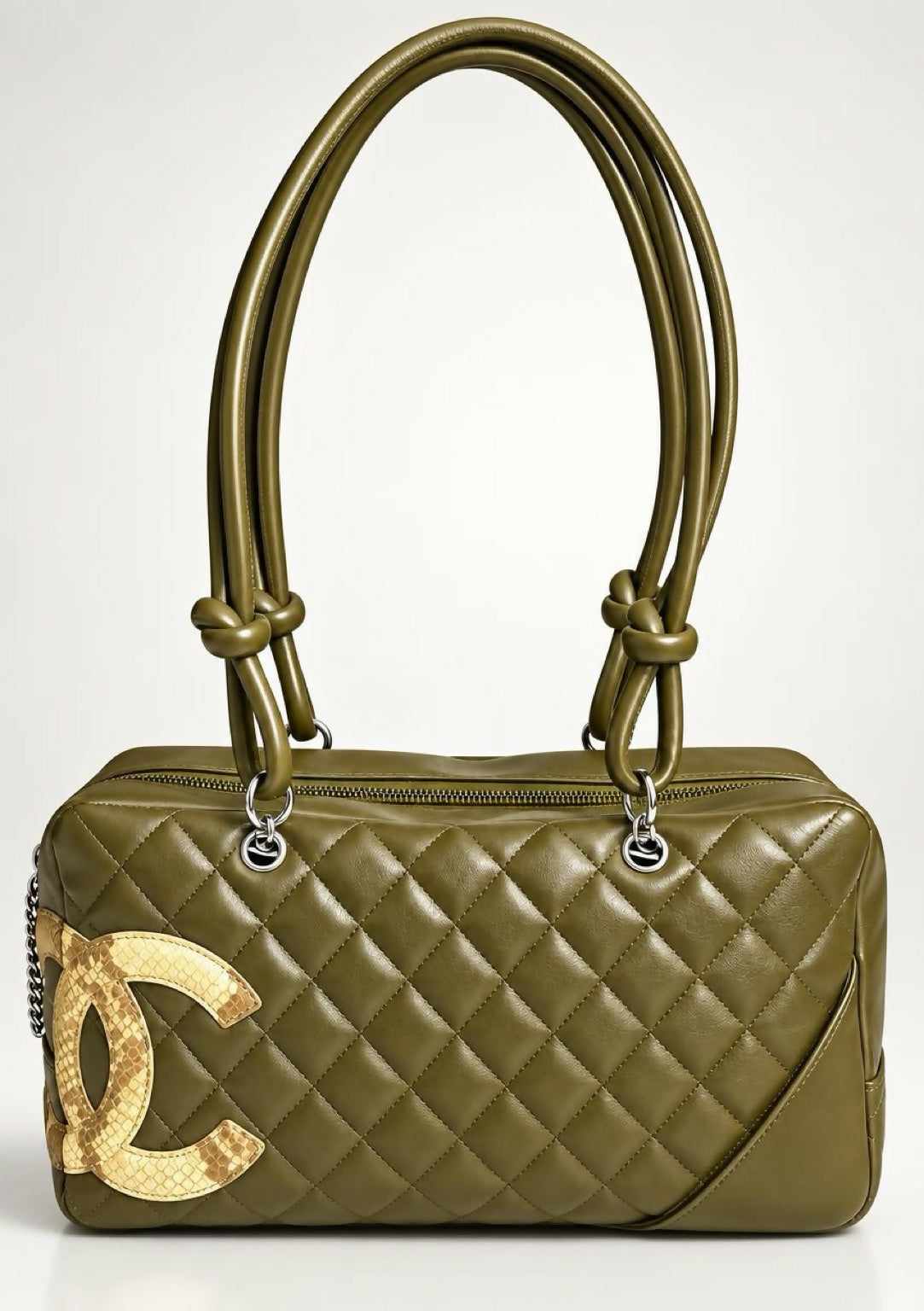 Chanel 2005 Large Ligne Cambon Hunter Green Python CC Bowler Bag Tote