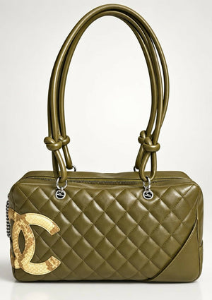 Chanel 2005 Large Ligne Cambon Hunter Green Python CC Bowler Bag Tote