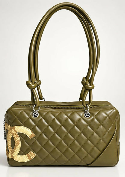 Chanel 2005 Large Ligne Cambon Hunter Green Python CC Bowler Bag Tote