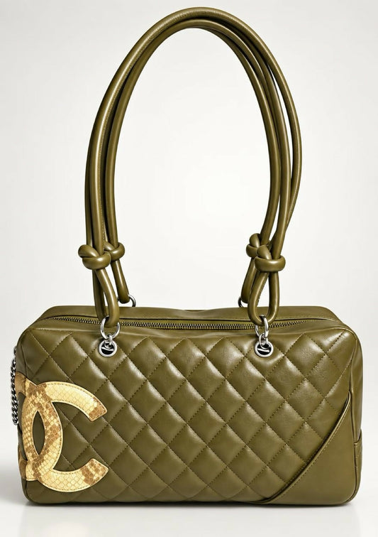 Chanel 2005 Large Ligne Cambon Hunter Green Python CC Bowler Bag Tote