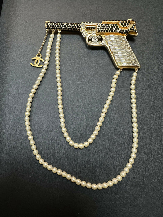 Chanel Vintage 01A Rhinestone CC Imitation Pearl Necklace Large Pistol Brooch