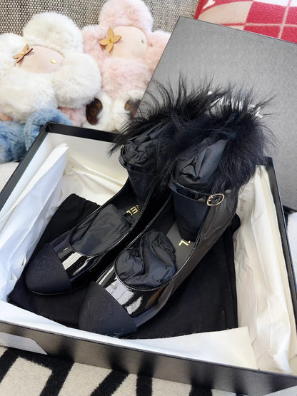 Chanel 23n Mary Jane black leather fur shoes