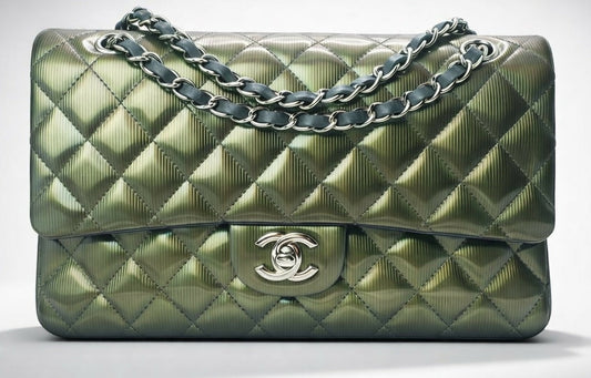 Chanel Medium Double Flap Green Straited Patent Leather Timeless Classic Bag SHW
