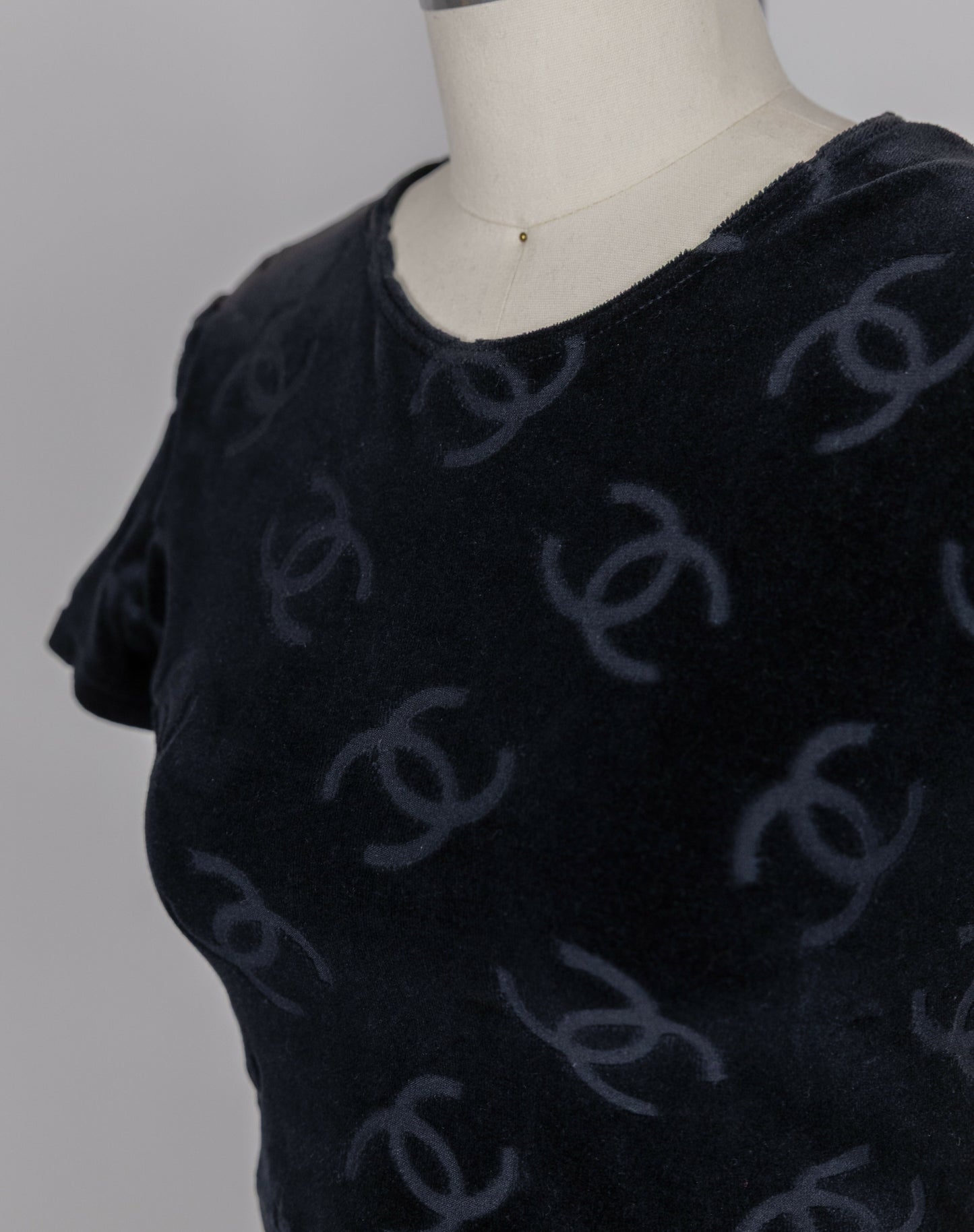 Chanel 1996 Spring/Summer Vintage Black Velour Logo Skirt Set