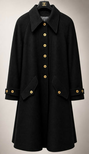 Vintage Chanel 94A Runway Black Oversized Cashmere Long Dress Coat FR 36