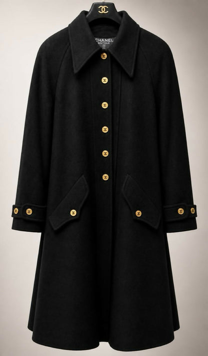Vintage Chanel 94A Runway Black Oversized Cashmere Long Dress Coat FR 36