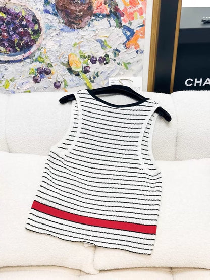 Chanel 24P white/red/black striped knit top