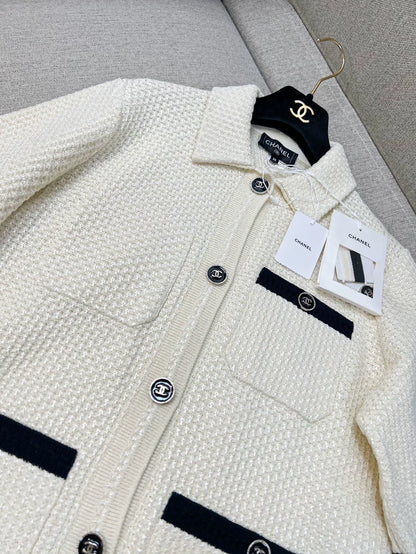 Chanel off-white knit three-pocket cardigan